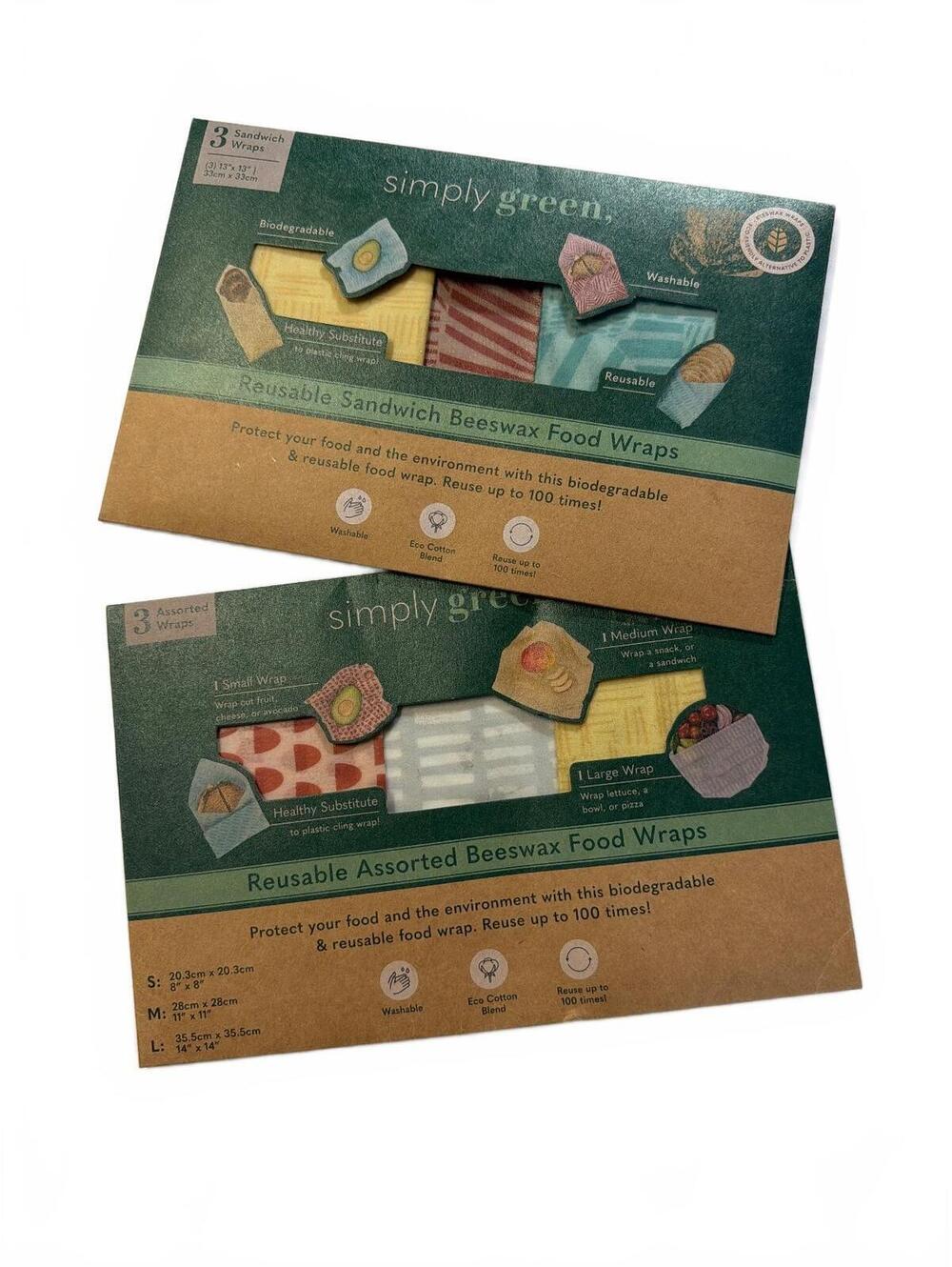 Reusable Beeswax Food Wraps 2 pack - Sandwich and Assorted Sets - Simply Green